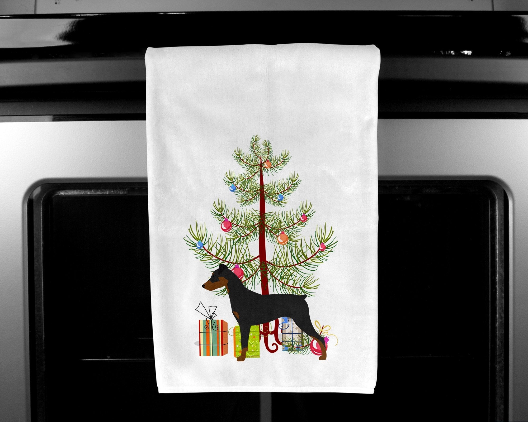 German Pinscher Merry Christmas Tree Kitchen Towel Set of 2 White Dish Towels Decorative Bathroom Hand towel for Hand, Face, Hair, Yoga, Tea, Dishcloth, 19 X 28", White