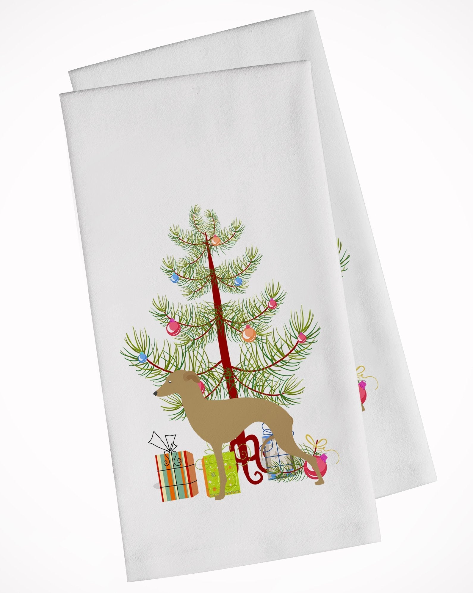 Italian Greyhound Merry Christmas Tree Kitchen Towel Set of 2 White Dish Towels Decorative Bathroom Hand towel for Hand, Face, Hair, Yoga, Tea, Dishcloth, 19 X 28", White