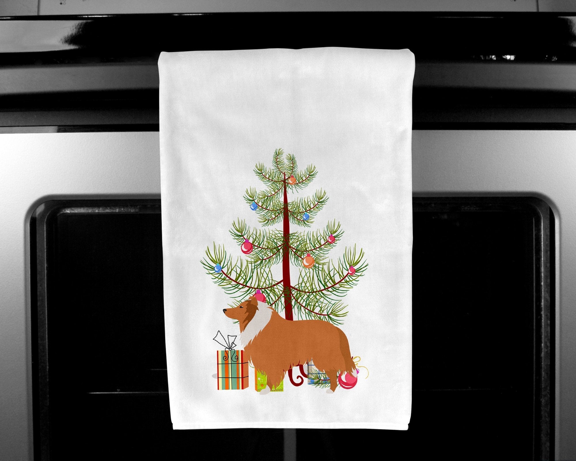 Collie Dog Merry Christmas Tree Kitchen Towel Set of 2 White Dish Towels Decorative Bathroom Hand towel for Hand, Face, Hair, Yoga, Tea, Dishcloth, 19 X 28", White
