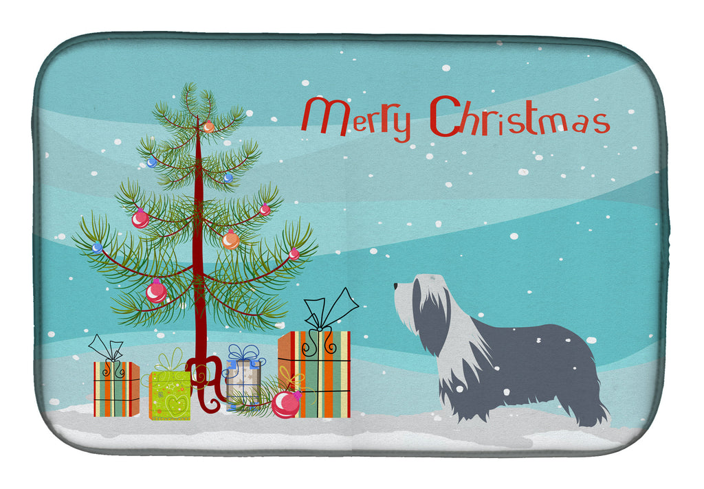 Bearded Collie Dog Merry Christmas Tree Dish Drying Mat Absorbent Dish Drying Mat Pad for Kitchen Counter Dish Drainer Mat for Countertop, 14 x 21", Multicolor