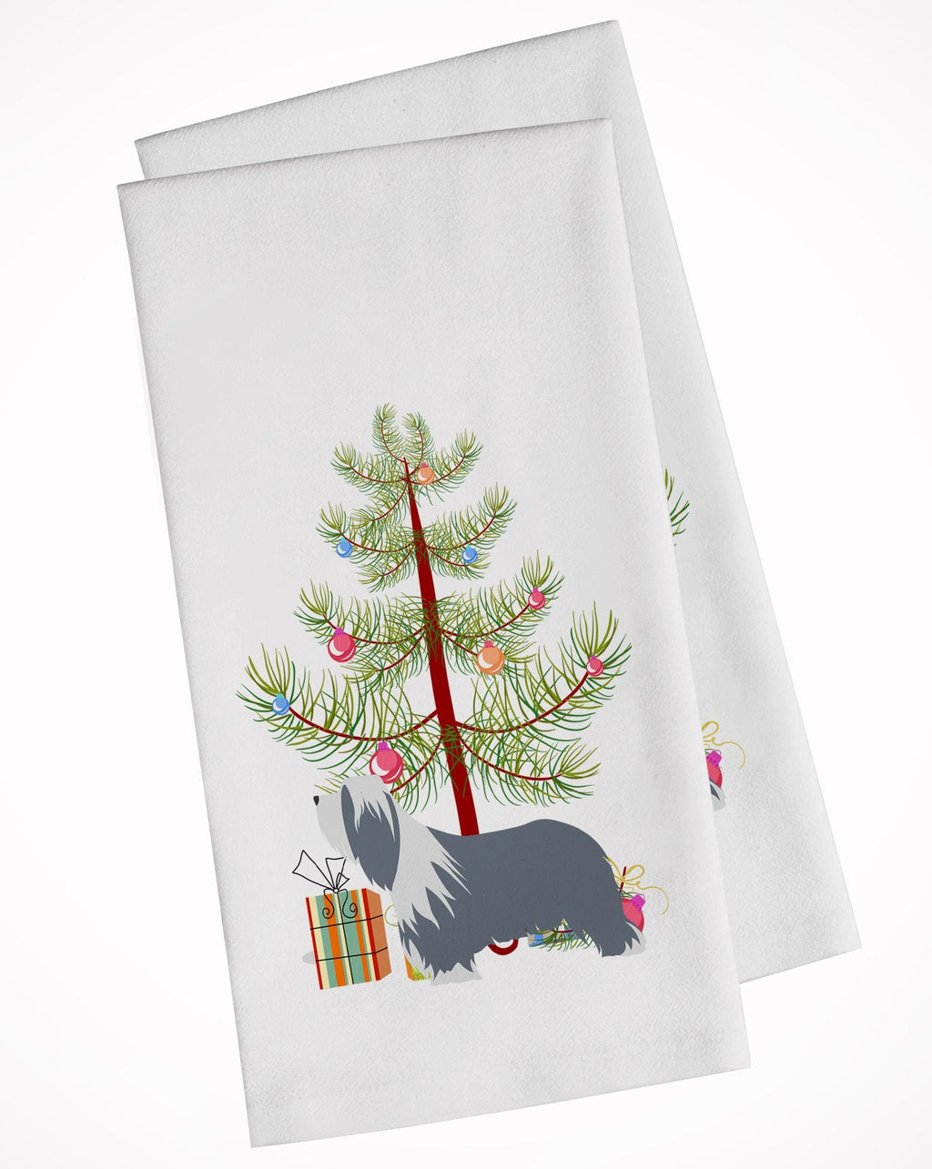 Bearded Collie Dog Merry Christmas Tree Kitchen Towel Set of 2 White Dish Towels Decorative Bathroom Hand towel for Hand, Face, Hair, Yoga, Tea, Dishcloth, 19 X 28", White