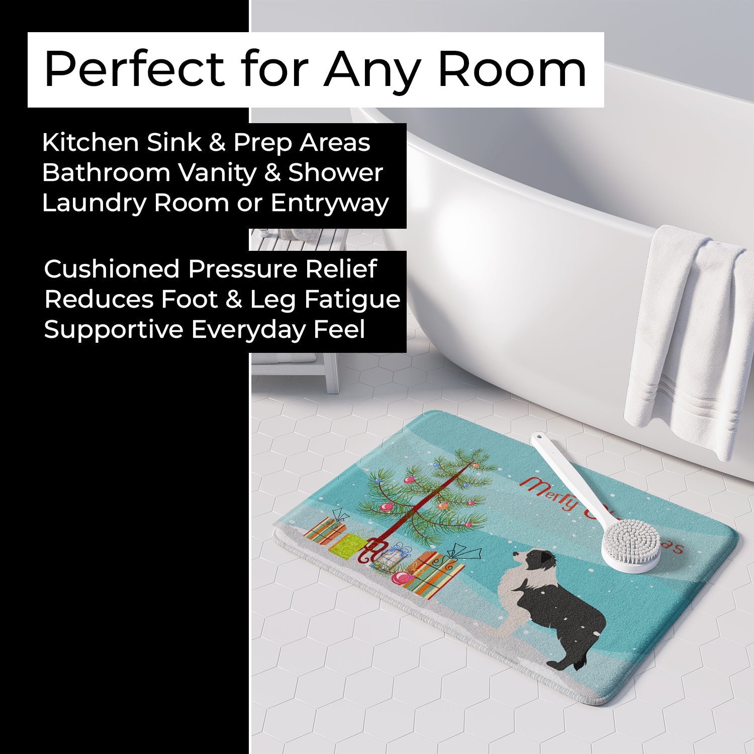 Black Border Collie Merry Christmas Tree Memory Foam Kitchen Mat Machine Washable Anti-Fatigue Cushion Comfort Bath or Kitchen Rug