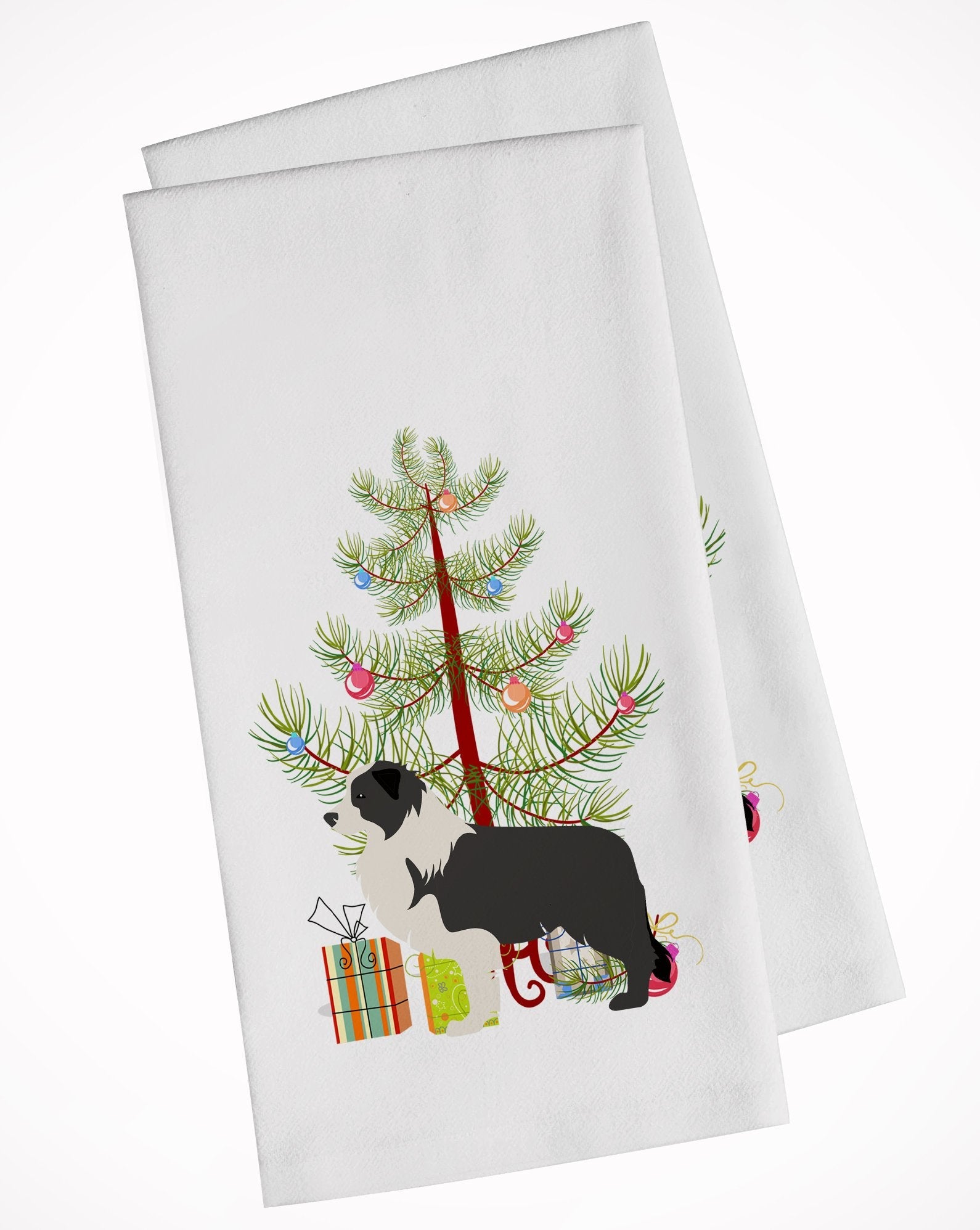 Black Border Collie Merry Christmas Tree Kitchen Towel Set of 2 White Dish Towels Decorative Bathroom Hand towel for Hand, Face, Hair, Yoga, Tea, Dishcloth, 19 X 28", White