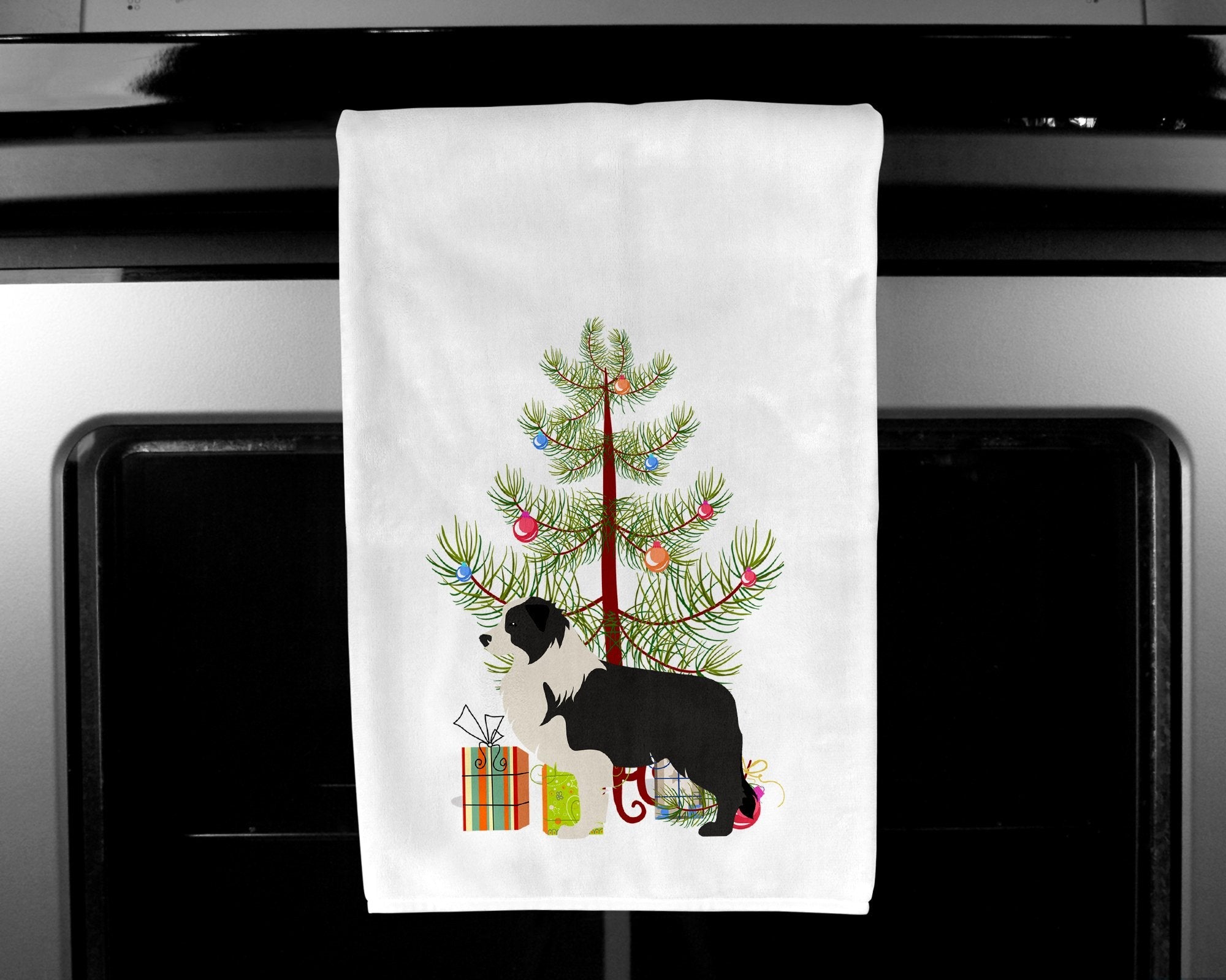 Black Border Collie Merry Christmas Tree Kitchen Towel Set of 2 White Dish Towels Decorative Bathroom Hand towel for Hand, Face, Hair, Yoga, Tea, Dishcloth, 19 X 28", White