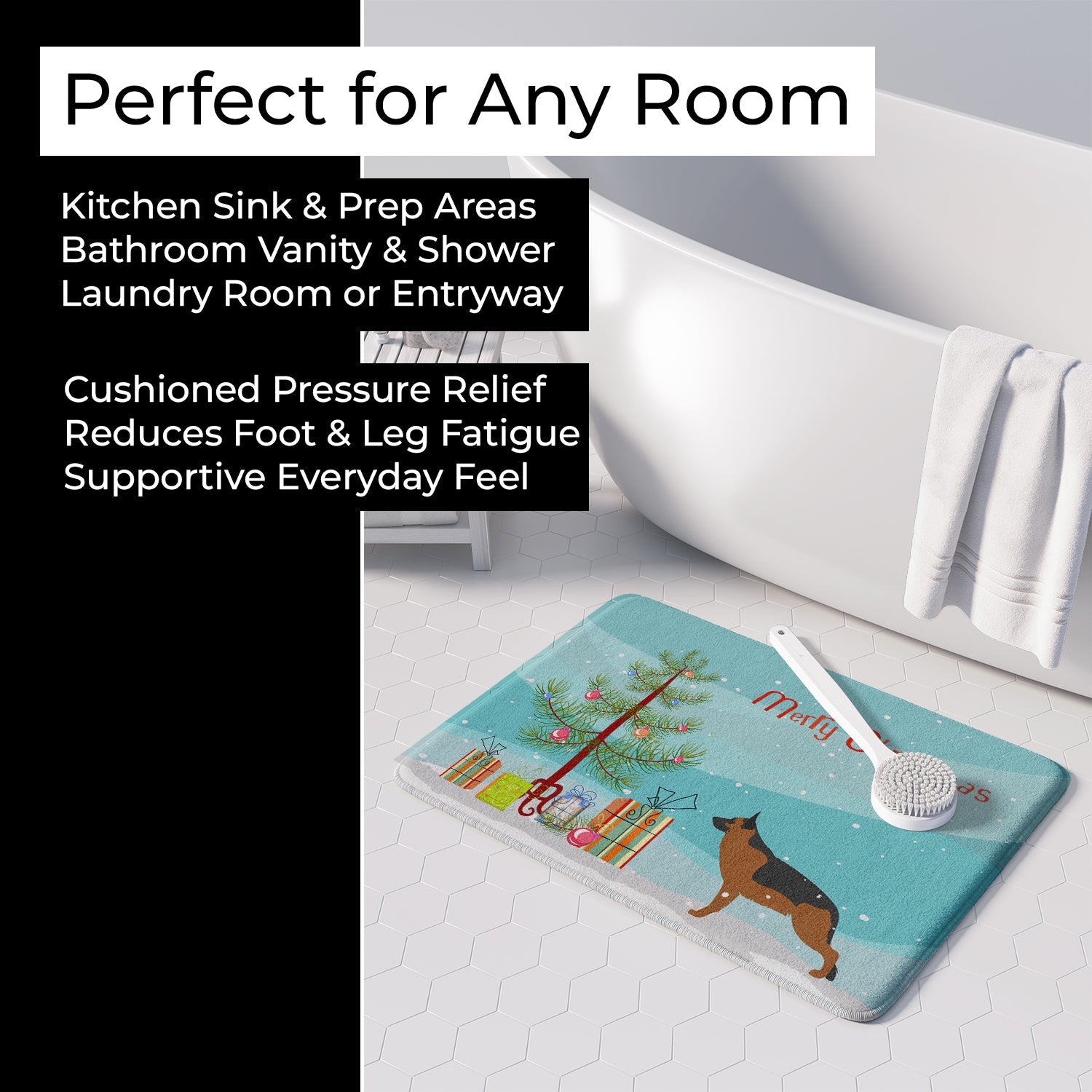 German Shepherd Merry Christmas Tree Memory Foam Kitchen Mat Machine Washable Anti-Fatigue Cushion Comfort Bath or Kitchen Rug