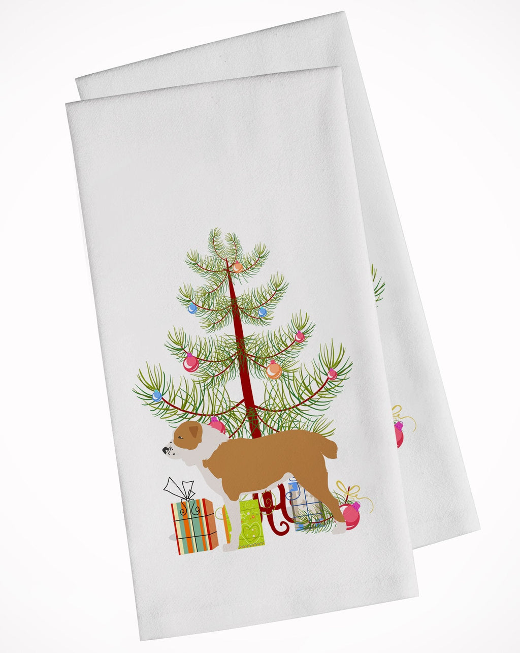 Central Asian Shepherd Dog Merry Christmas Tree Kitchen Towel Set of 2 White Dish Towels Decorative Bathroom Hand towel for Hand, Face, Hair, Yoga, Tea, Dishcloth, 19 X 28", White