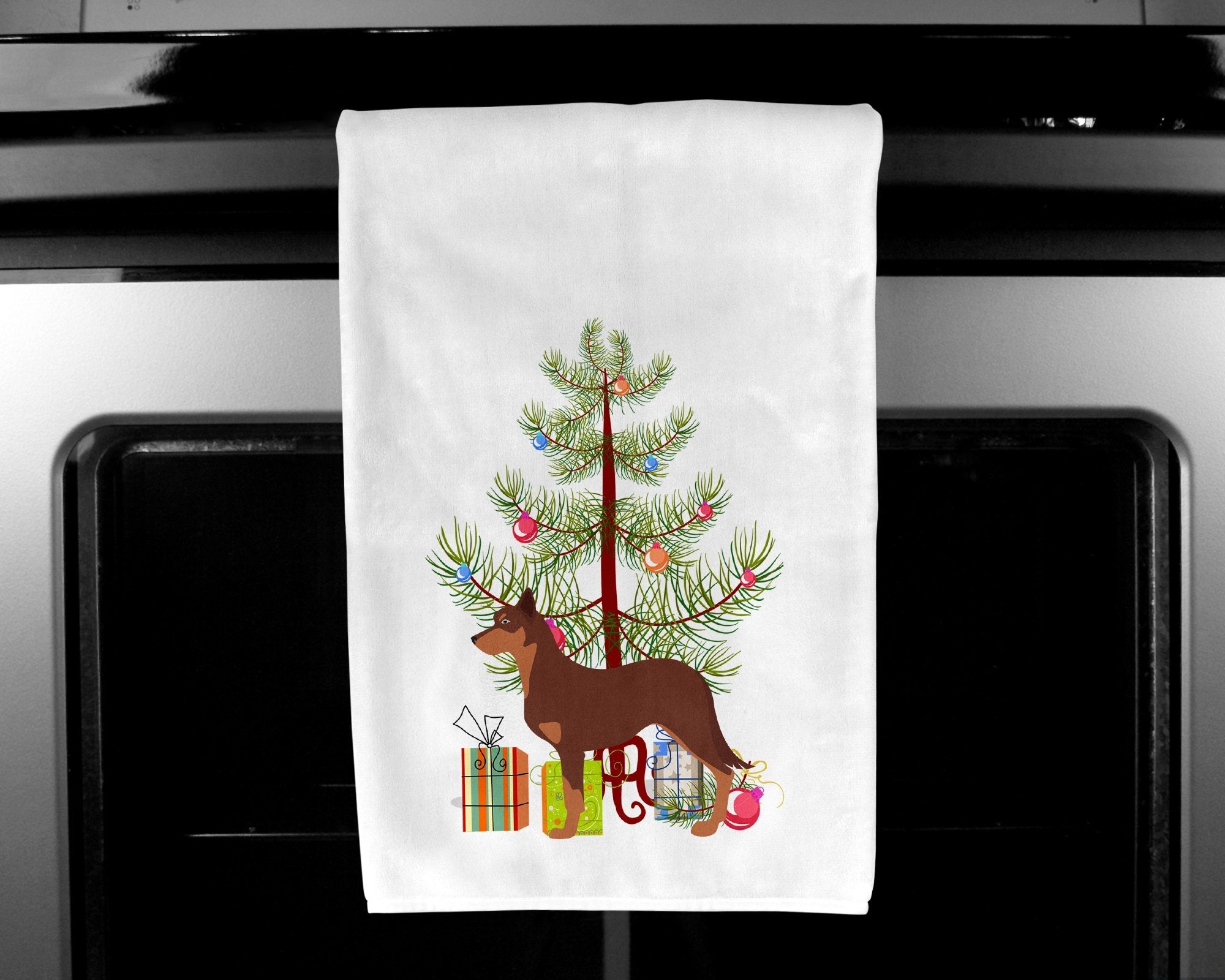 Australian Kelpie Dog Merry Christmas Tree Kitchen Towel Set of 2 White Dish Towels Decorative Bathroom Hand towel for Hand, Face, Hair, Yoga, Tea, Dishcloth, 19 X 28", White