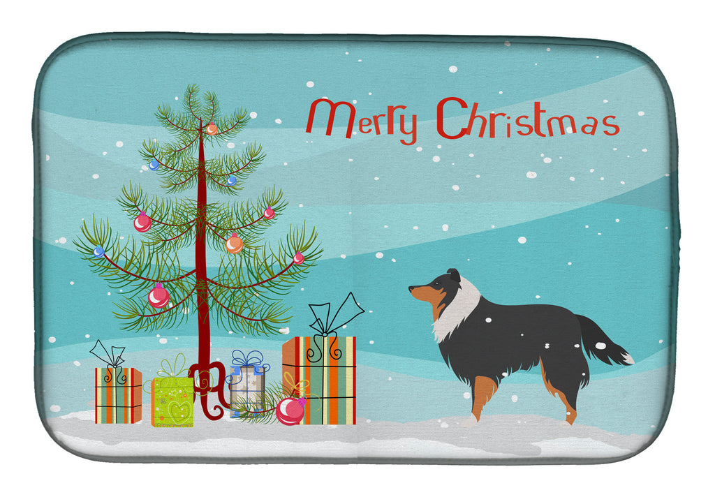 Sheltie/Shetland Sheepdog Merry Christmas Tree Dish Drying Mat Absorbent Dish Drying Mat Pad for Kitchen Counter Dish Drainer Mat for Countertop, 14 x 21", Multicolor