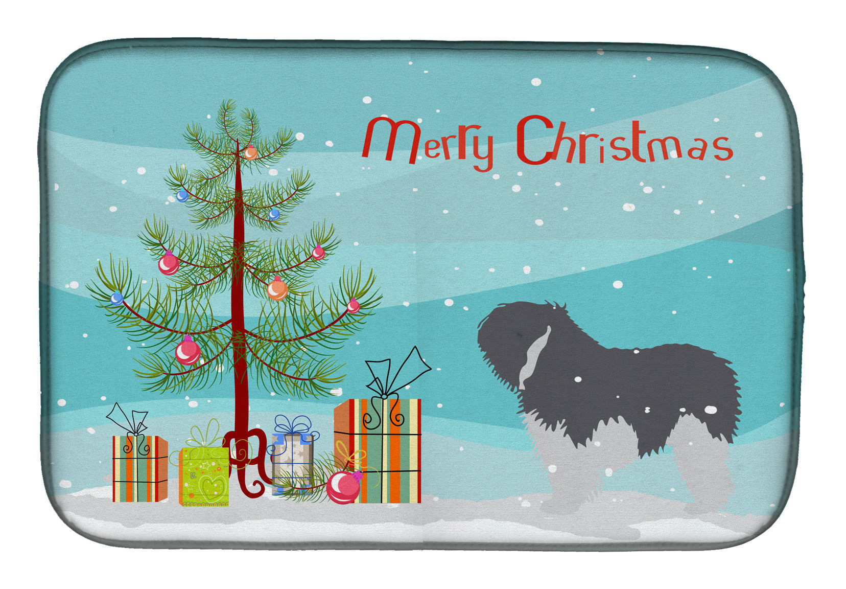 Polish Lowland Sheepdog Dog Merry Christmas Tree Dish Drying Mat Absorbent Dish Drying Mat Pad for Kitchen Counter Dish Drainer Mat for Countertop, 14 x 21", Multicolor