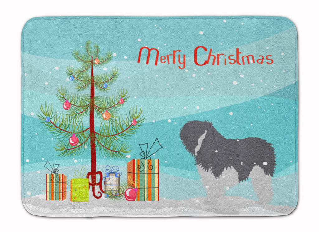 Polish Lowland Sheepdog Dog Merry Christmas Tree Memory Foam Kitchen Mat Machine Washable Anti-Fatigue Cushion Comfort Bath or Kitchen Rug