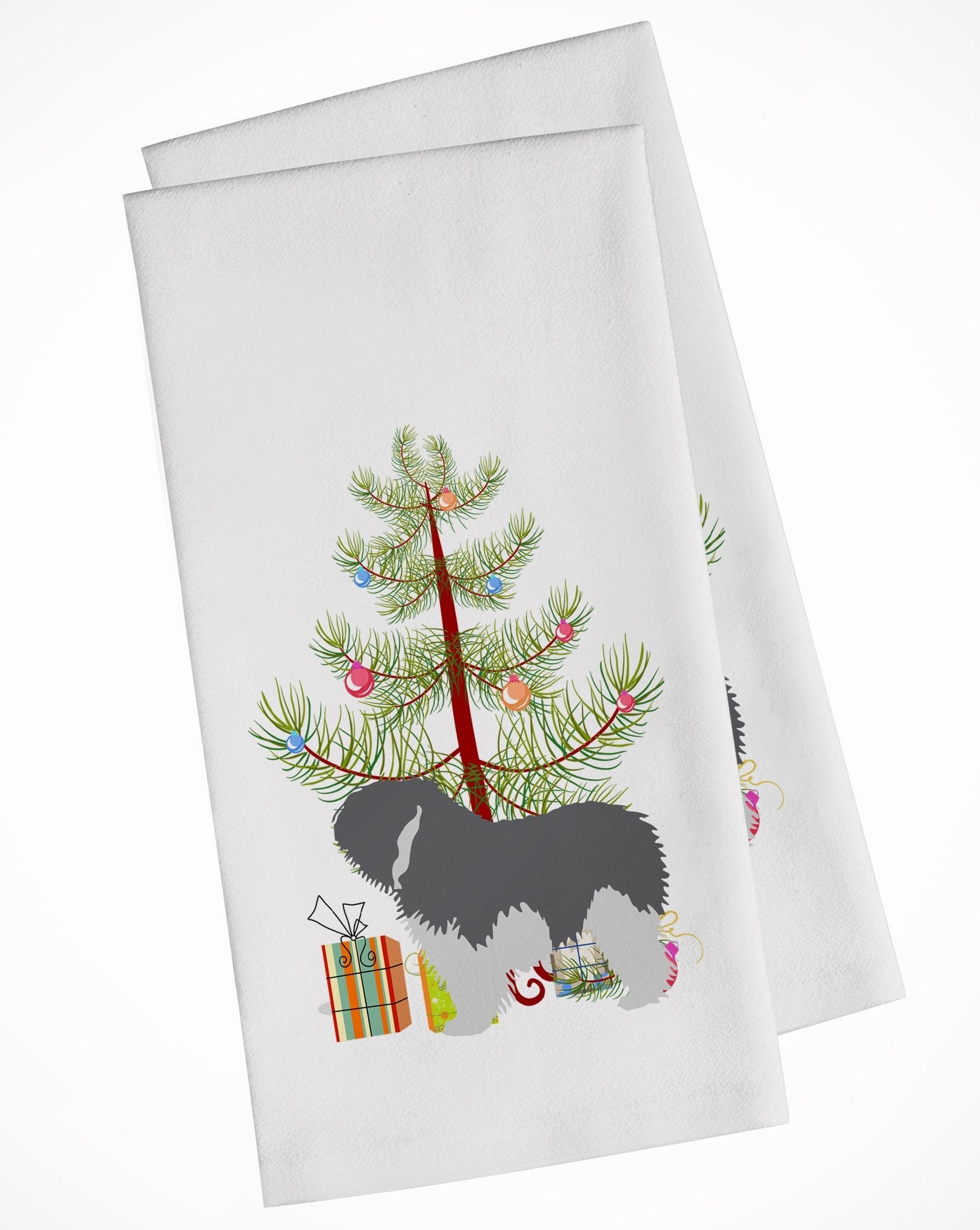 Polish Lowland Sheepdog Dog Merry Christmas Tree Kitchen Towel Set of 2 White Dish Towels Decorative Bathroom Hand towel for Hand, Face, Hair, Yoga, Tea, Dishcloth, 19 X 28", White