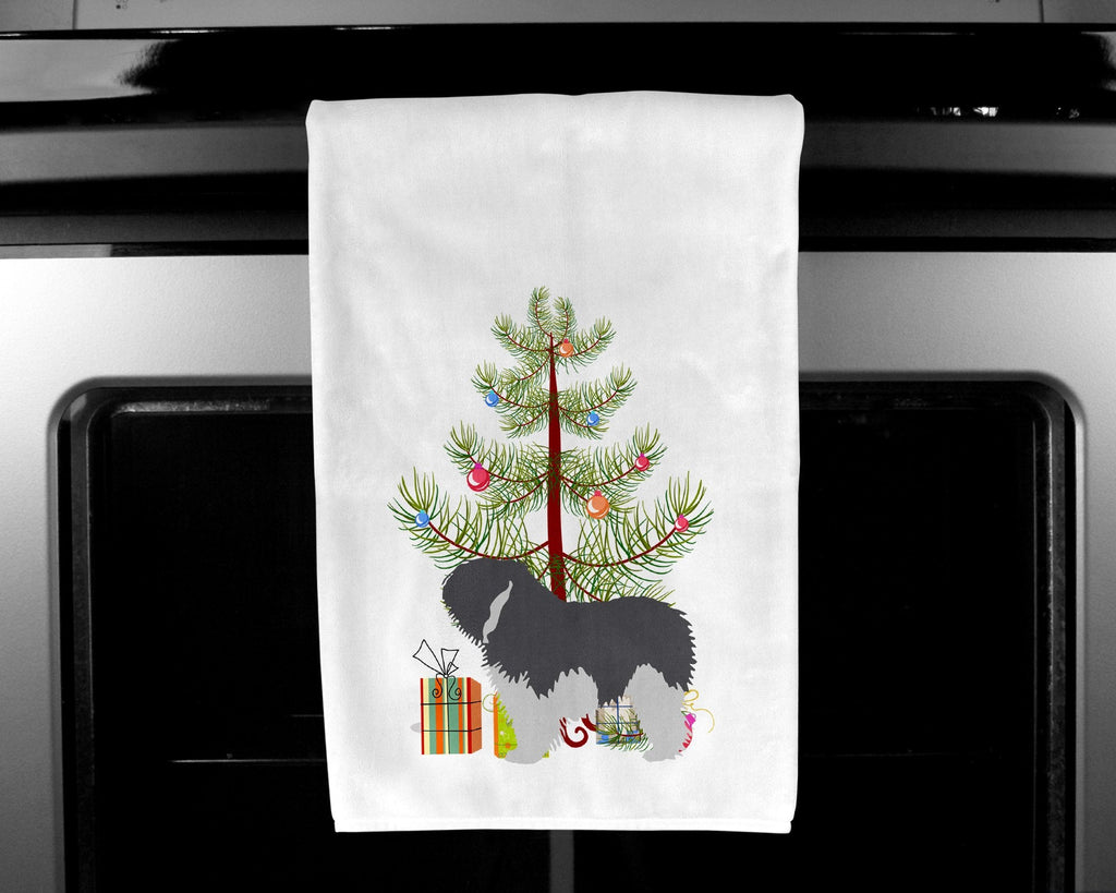 Polish Lowland Sheepdog Dog Merry Christmas Tree Kitchen Towel Set of 2 White Dish Towels Decorative Bathroom Hand towel for Hand, Face, Hair, Yoga, Tea, Dishcloth, 19 X 28", White