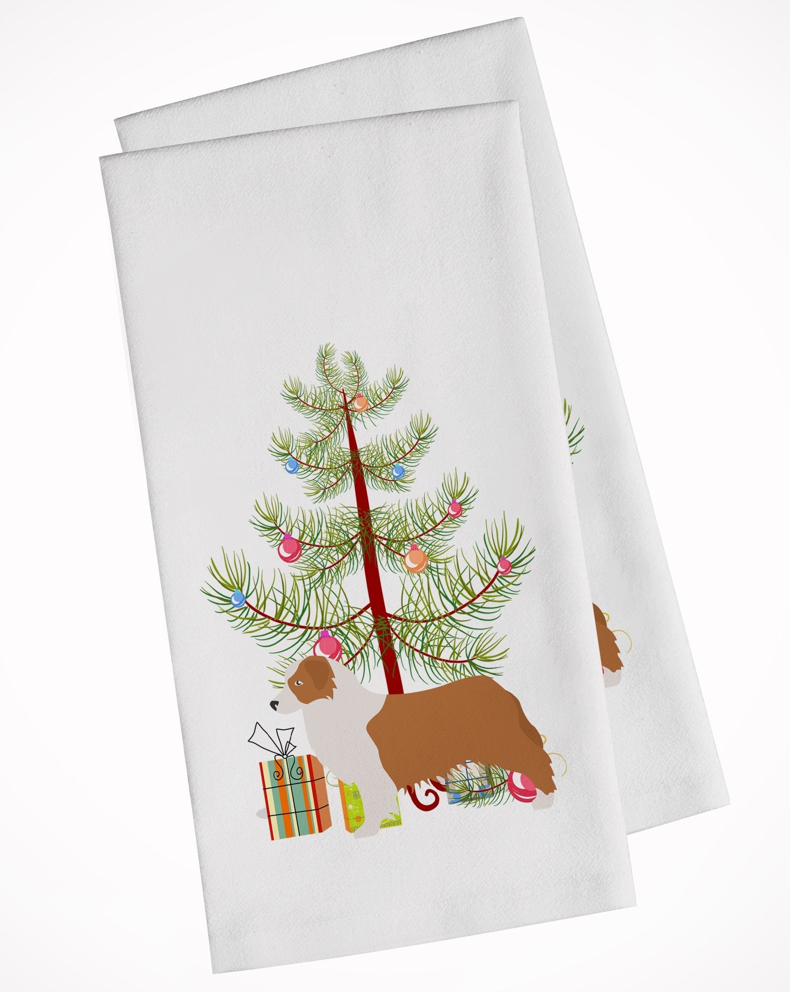 Australian Shepherd Dog Merry Christmas Tree Kitchen Towel Set of 2 White Dish Towels Decorative Bathroom Hand towel for Hand, Face, Hair, Yoga, Tea, Dishcloth, 19 X 28", White