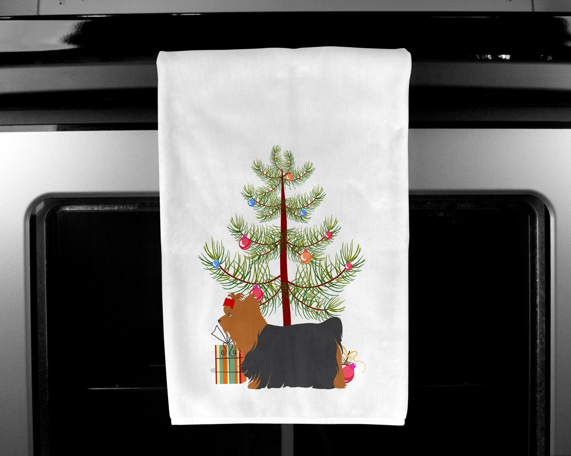 Yorkshire Terrier Yorkie Merry Christmas Tree Kitchen Towel Set of 2 White Dish Towels Decorative Bathroom Hand towel for Hand, Face, Hair, Yoga, Tea, Dishcloth, 19 X 28", White