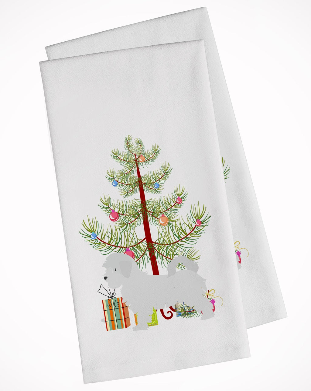 Maltese Merry Christmas Tree Kitchen Towel Set of 2 White Dish Towels Decorative Bathroom Hand towel for Hand, Face, Hair, Yoga, Tea, Dishcloth, 19 X 28", White