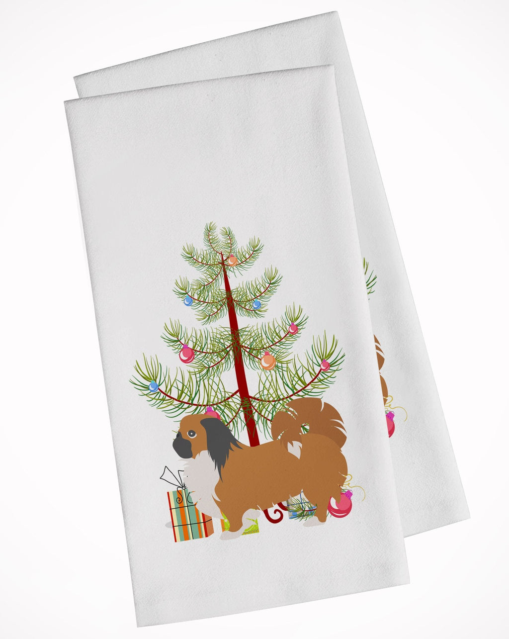 Pekingese Merry Christmas Tree Kitchen Towel Set of 2 White Dish Towels Decorative Bathroom Hand towel for Hand, Face, Hair, Yoga, Tea, Dishcloth, 19 X 28", White