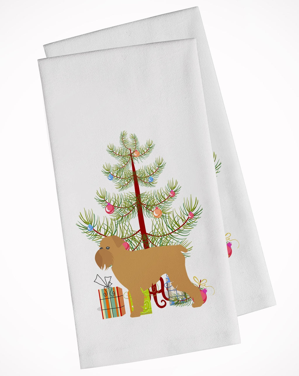 Brussels Griffon Merry Christmas Tree Kitchen Towel Set of 2 White Dish Towels Decorative Bathroom Hand towel for Hand, Face, Hair, Yoga, Tea, Dishcloth, 19 X 28", White
