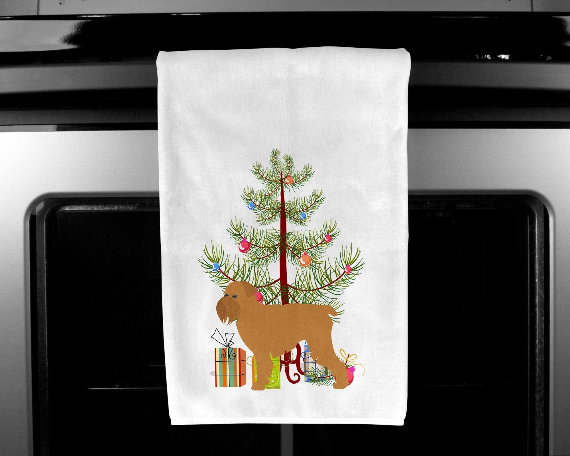 Brussels Griffon Merry Christmas Tree Kitchen Towel Set of 2 White Dish Towels Decorative Bathroom Hand towel for Hand, Face, Hair, Yoga, Tea, Dishcloth, 19 X 28", White