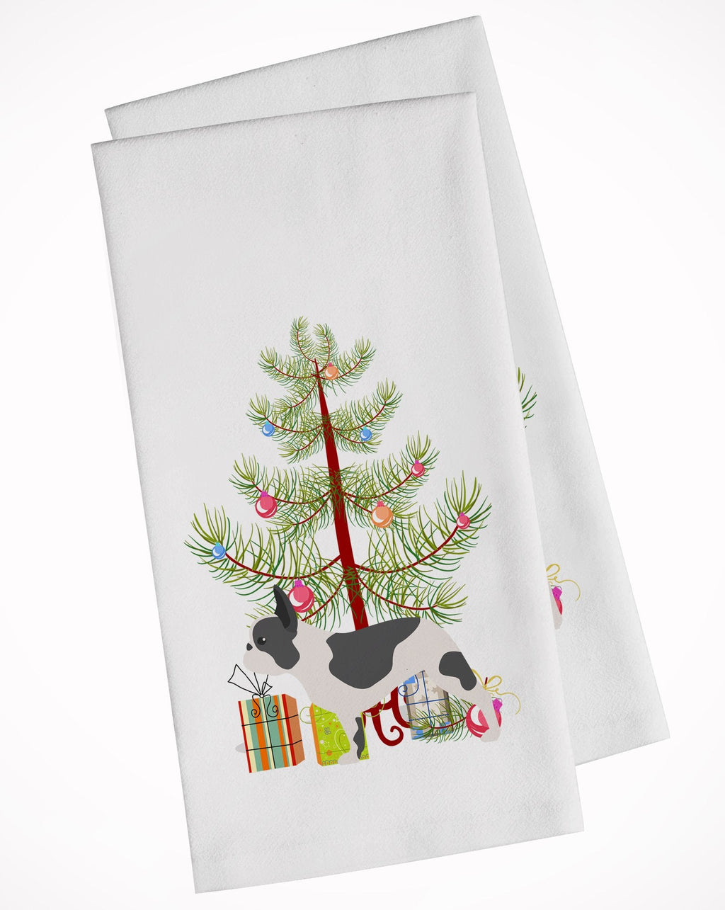French Bulldog Merry Christmas Tree Kitchen Towel Set of 2 White Dish Towels Decorative Bathroom Hand towel for Hand, Face, Hair, Yoga, Tea, Dishcloth, 19 X 28", White