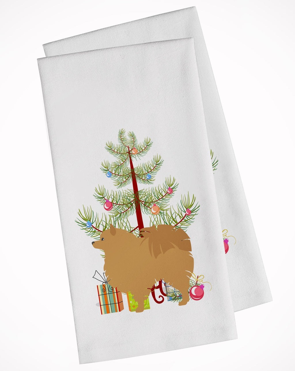 Pomeranian Merry Christmas Tree Kitchen Towel Set of 2 White Dish Towels Decorative Bathroom Hand towel for Hand, Face, Hair, Yoga, Tea, Dishcloth, 19 X 28", White