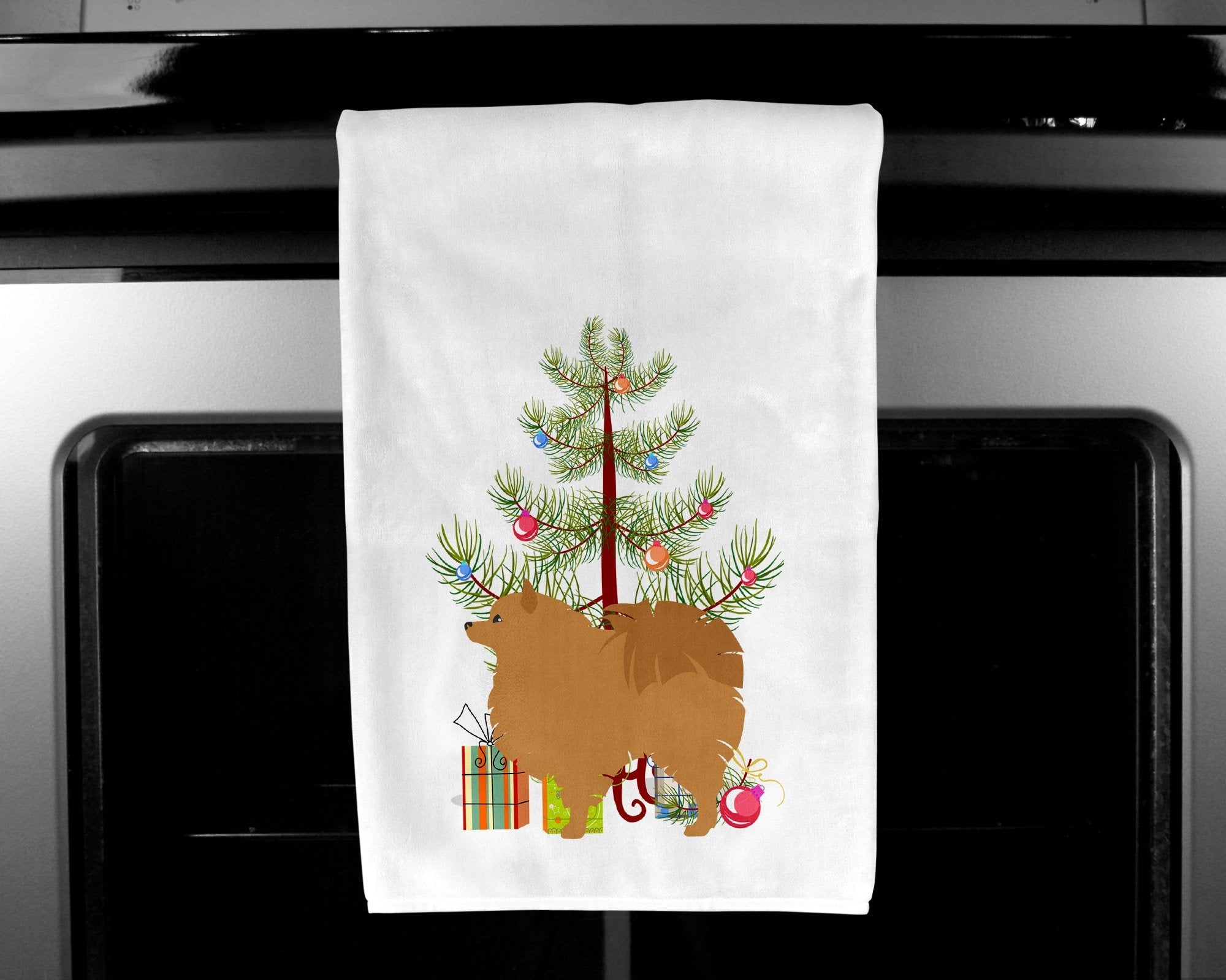Pomeranian Merry Christmas Tree Kitchen Towel Set of 2 White Dish Towels Decorative Bathroom Hand towel for Hand, Face, Hair, Yoga, Tea, Dishcloth, 19 X 28", White