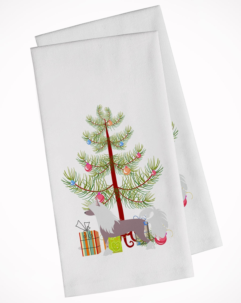 Chinese Crested Merry Christmas Tree Kitchen Towel Set of 2 White Dish Towels Decorative Bathroom Hand towel for Hand, Face, Hair, Yoga, Tea, Dishcloth, 19 X 28", White