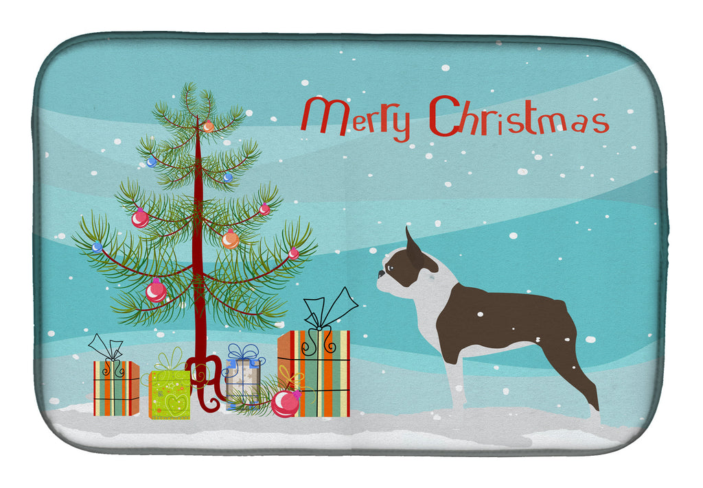 Boston Terrier Merry Christmas Tree Dish Drying Mat Absorbent Dish Drying Mat Pad for Kitchen Counter Dish Drainer Mat for Countertop, 14 x 21", Multicolor