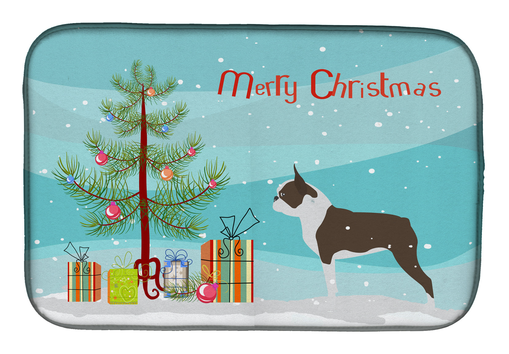Boston Terrier Merry Christmas Tree Dish Drying Mat Absorbent Dish Drying Mat Pad for Kitchen Counter Dish Drainer Mat for Countertop, 14 x 21", Multicolor