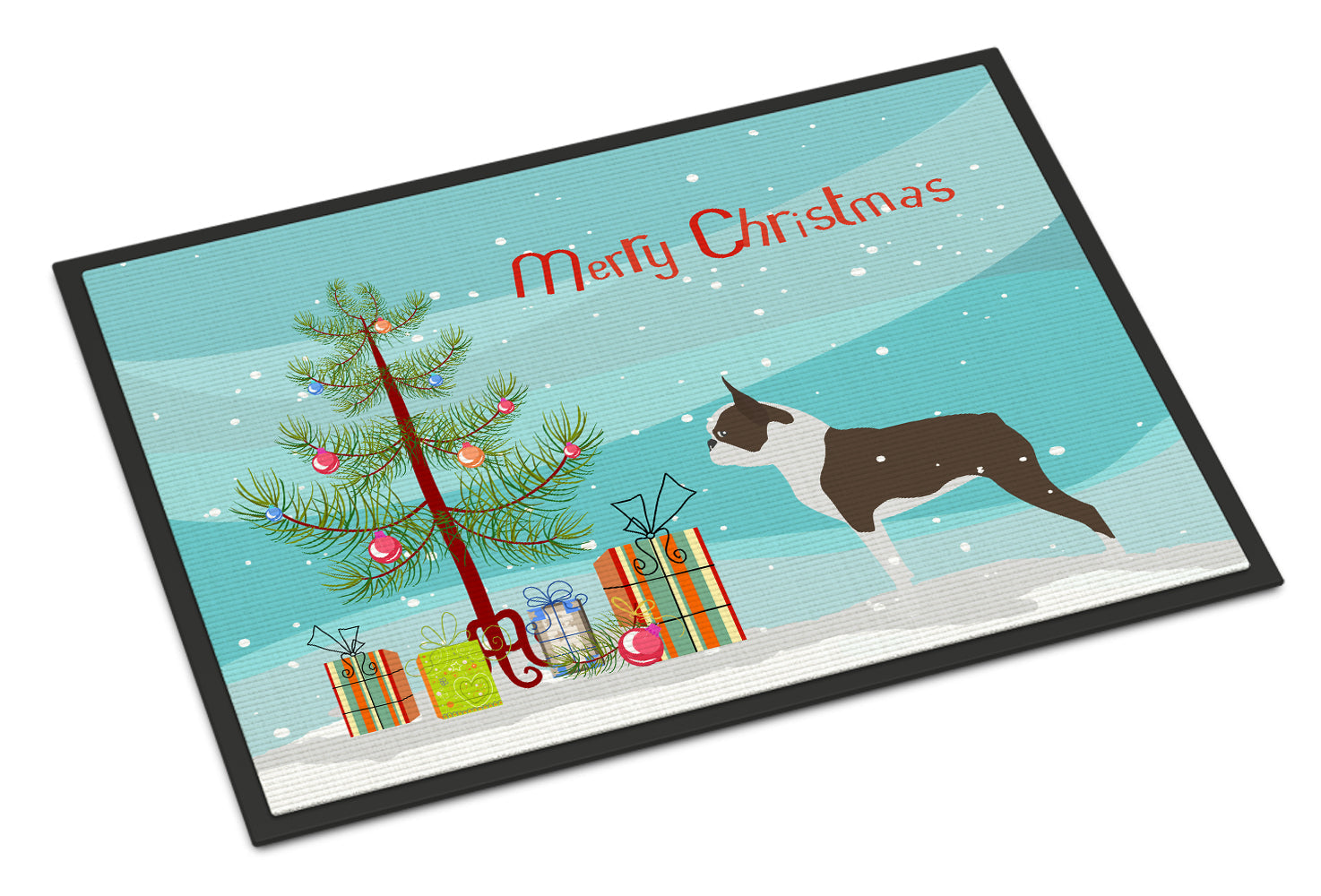Boston Terrier Merry Christmas Tree Doormat Indoor Outdoor 18H X 27W Front Door Mat Rugs for Entryway, Non Slip Washable