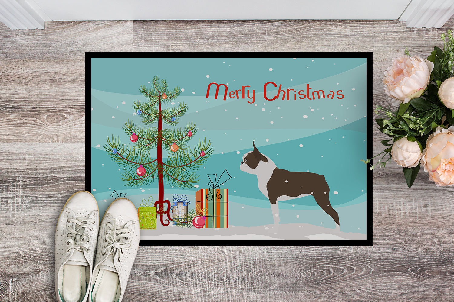 Boston Terrier Merry Christmas Tree Doormat Indoor Outdoor 18H X 27W Front Door Mat Rugs for Entryway, Non Slip Washable