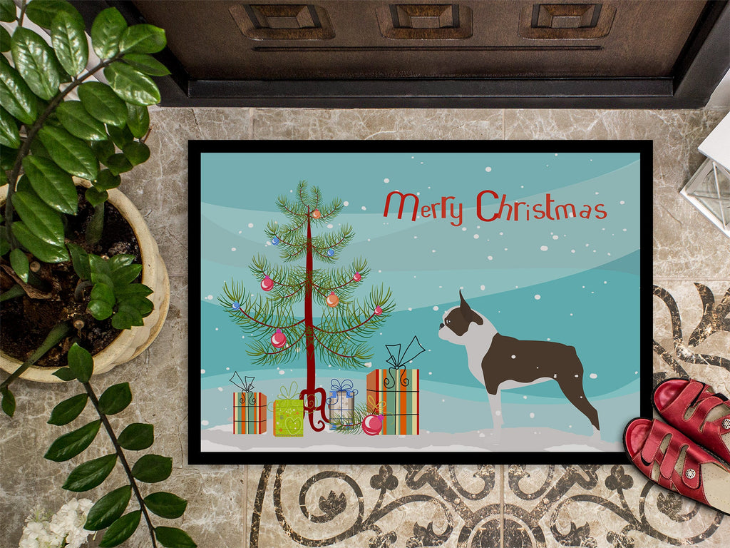 Boston Terrier Merry Christmas Tree Doormat Indoor Outdoor 18H X 27W Front Door Mat Rugs for Entryway, Non Slip Washable