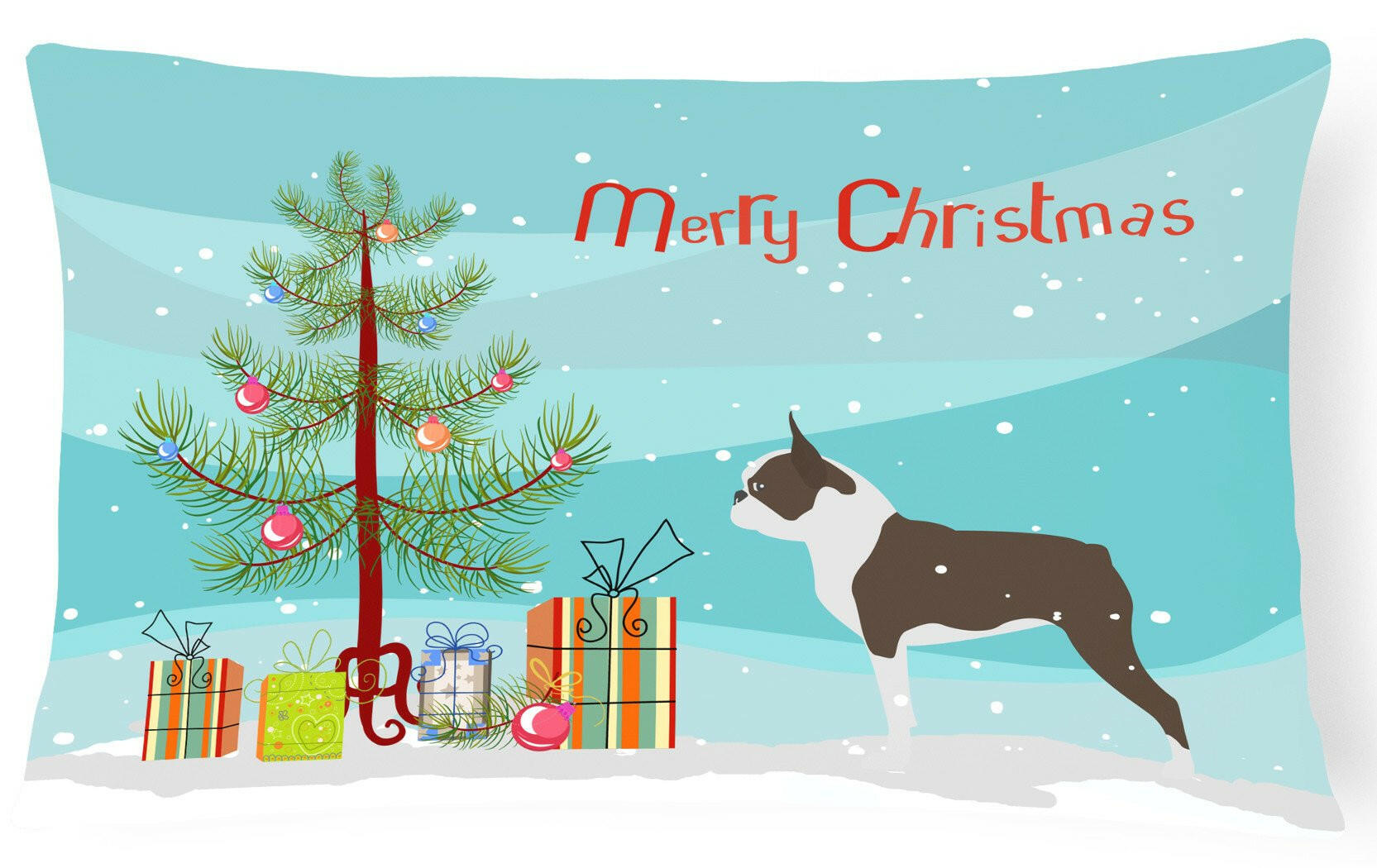 Boston Terrier Merry Christmas Tree Decorative Throw Pillow 12x16 Indoor Outdoor Accent Cushion, Fabric Cover with Insert for Sofa, Bed, Porch & Living Room