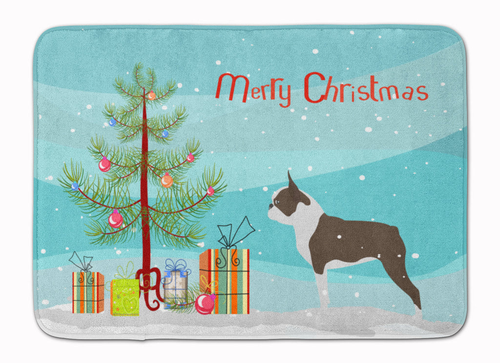 Boston Terrier Merry Christmas Tree Memory Foam Kitchen Mat Machine Washable Anti-Fatigue Cushion Comfort Bath or Kitchen Rug