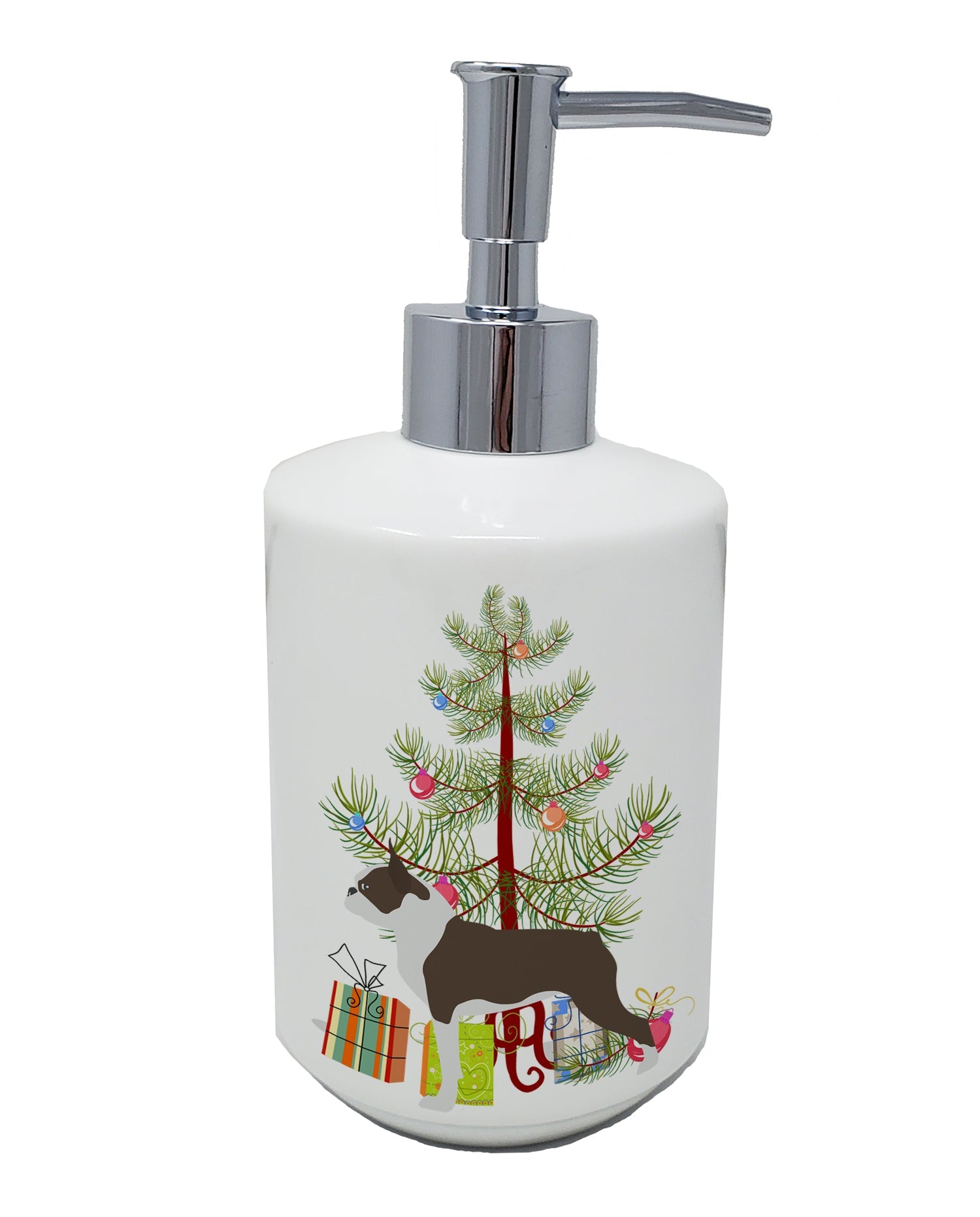 Boston Terrier Merry Christmas Tree Ceramic Soap Dispenser , Empty Refillable Hand Soap Pump Bottle for Bathroom Kitchen