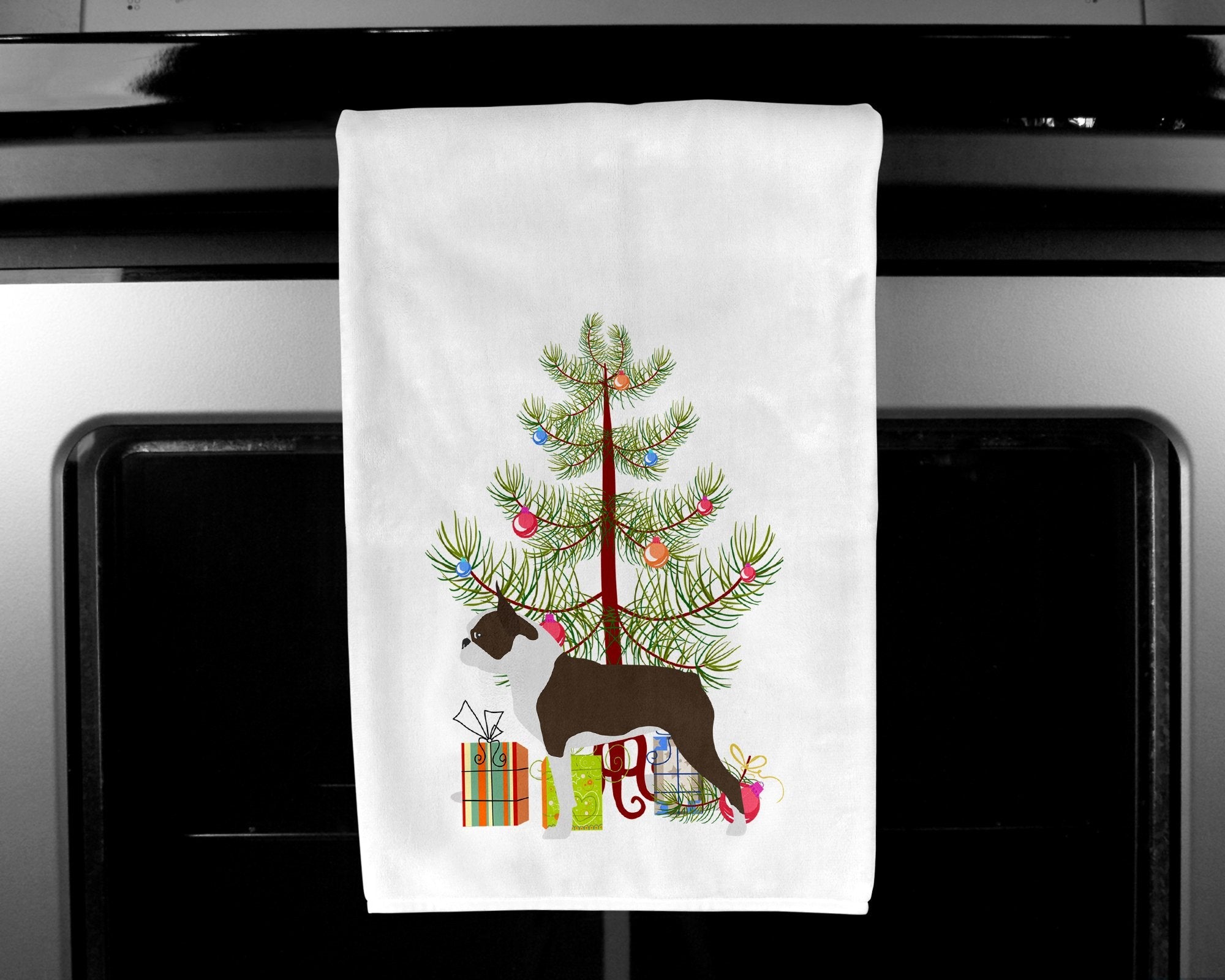 Boston Terrier Merry Christmas Tree Kitchen Towel Set of 2 White Dish Towels Decorative Bathroom Hand towel for Hand, Face, Hair, Yoga, Tea, Dishcloth, 19 X 28", White