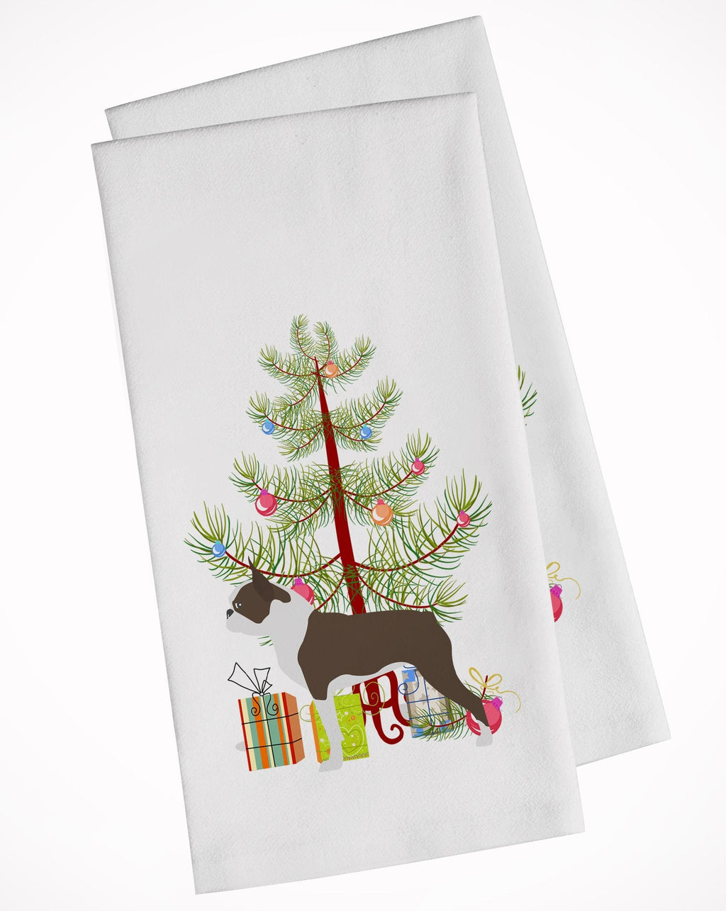 Boston Terrier Merry Christmas Tree Kitchen Towel Set of 2 White Dish Towels Decorative Bathroom Hand towel for Hand, Face, Hair, Yoga, Tea, Dishcloth, 19 X 28", White
