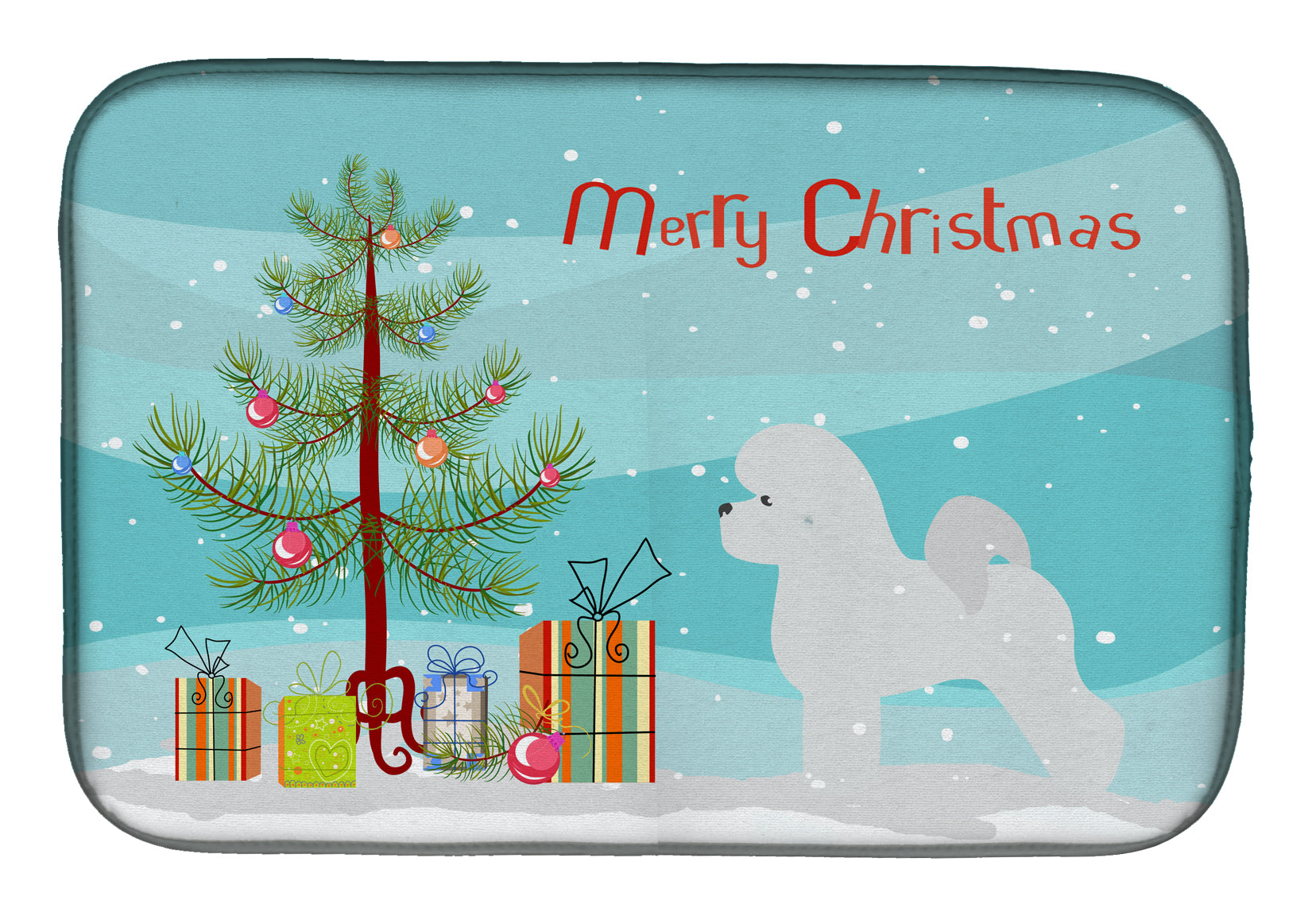 Bichon Frise Merry Christmas Tree Dish Drying Mat Absorbent Dish Drying Mat Pad for Kitchen Counter Dish Drainer Mat for Countertop, 14 x 21", Multicolor