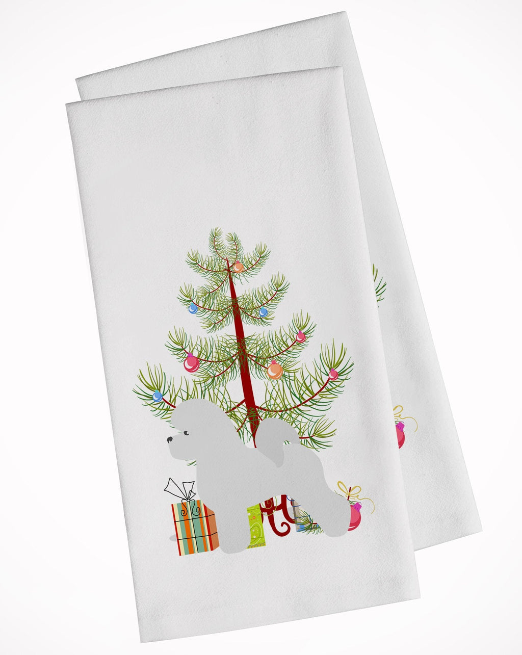 Bichon Frise Merry Christmas Tree Kitchen Towel Set of 2 White Dish Towels Decorative Bathroom Hand towel for Hand, Face, Hair, Yoga, Tea, Dishcloth, 19 X 28", White