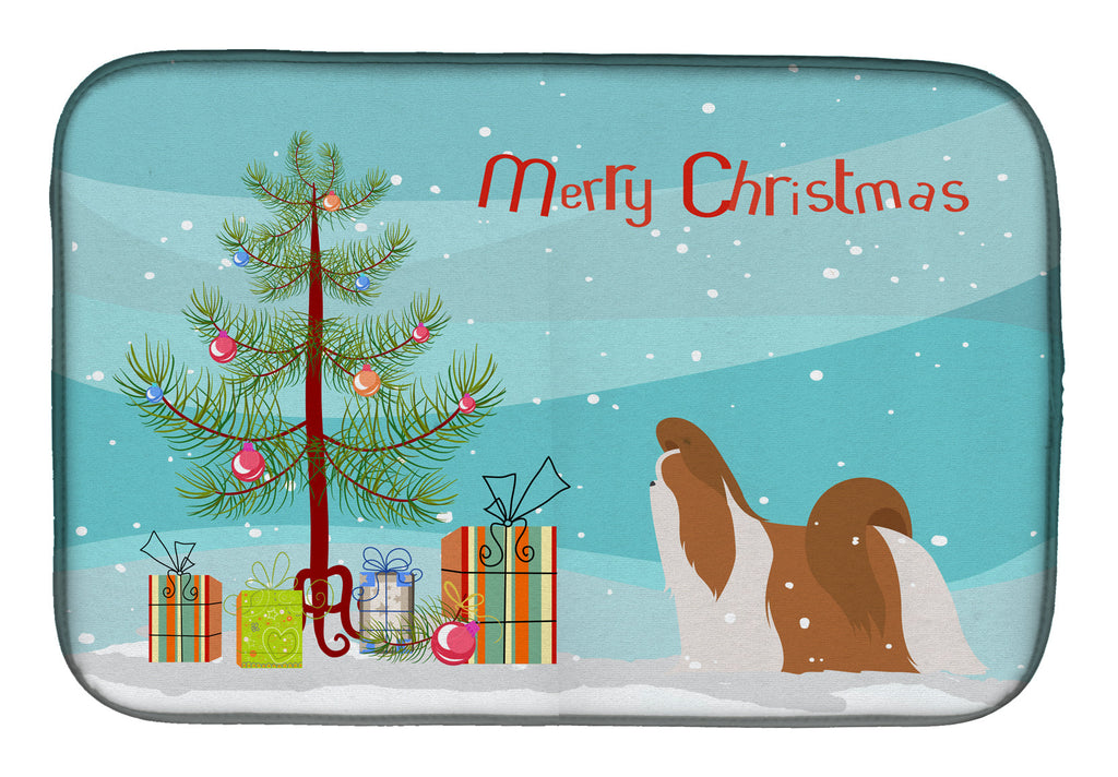 Shih Tzu Merry Christmas Tree Dish Drying Mat Absorbent Dish Drying Mat Pad for Kitchen Counter Dish Drainer Mat for Countertop, 14 x 21", Multicolor
