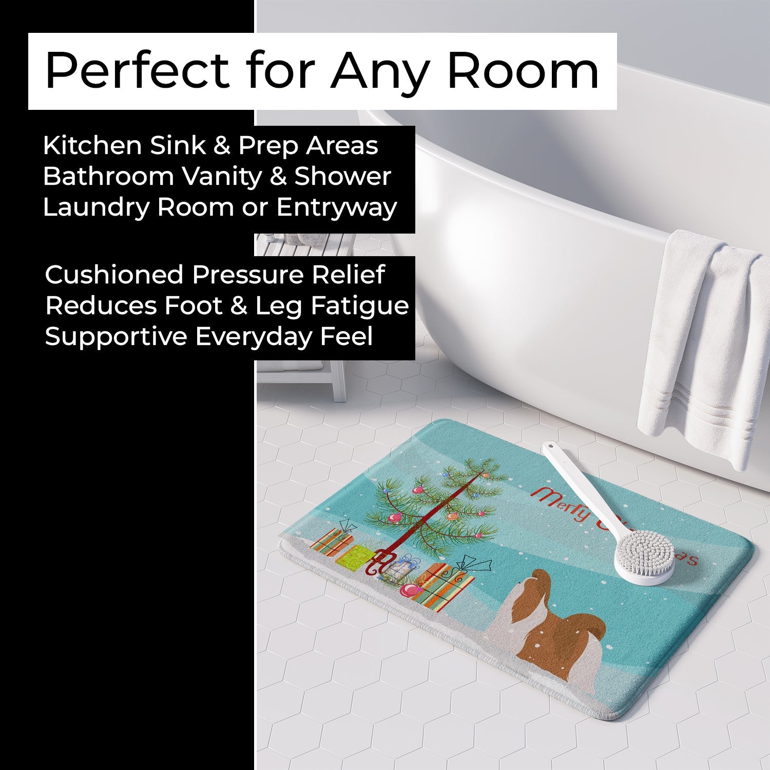 Shih Tzu Merry Christmas Tree Memory Foam Kitchen Mat Machine Washable Anti-Fatigue Cushion Comfort Bath or Kitchen Rug