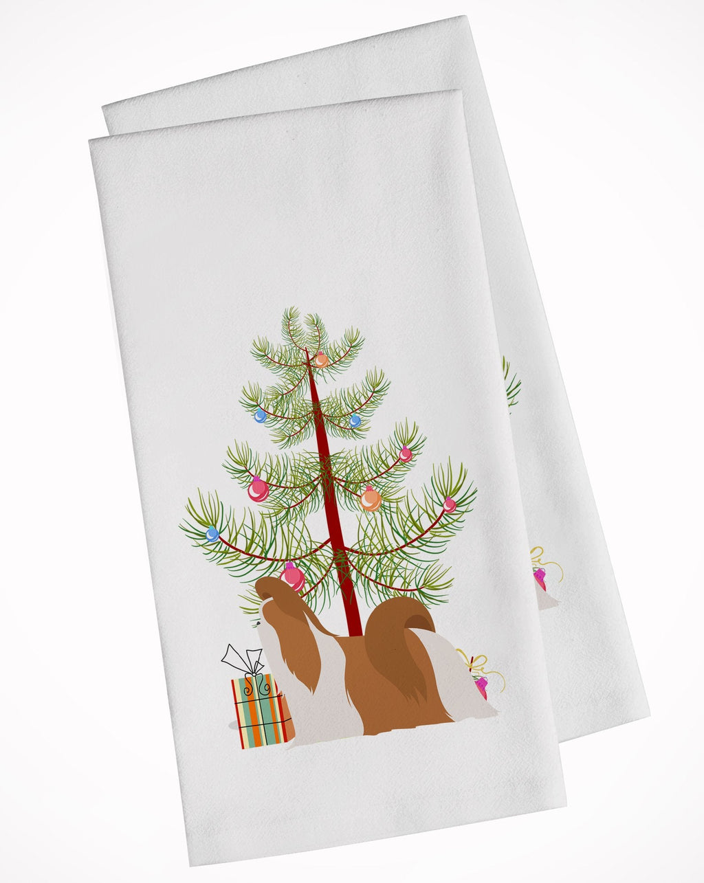 Shih Tzu Merry Christmas Tree Kitchen Towel Set of 2 White Dish Towels Decorative Bathroom Hand towel for Hand, Face, Hair, Yoga, Tea, Dishcloth, 19 X 28", White