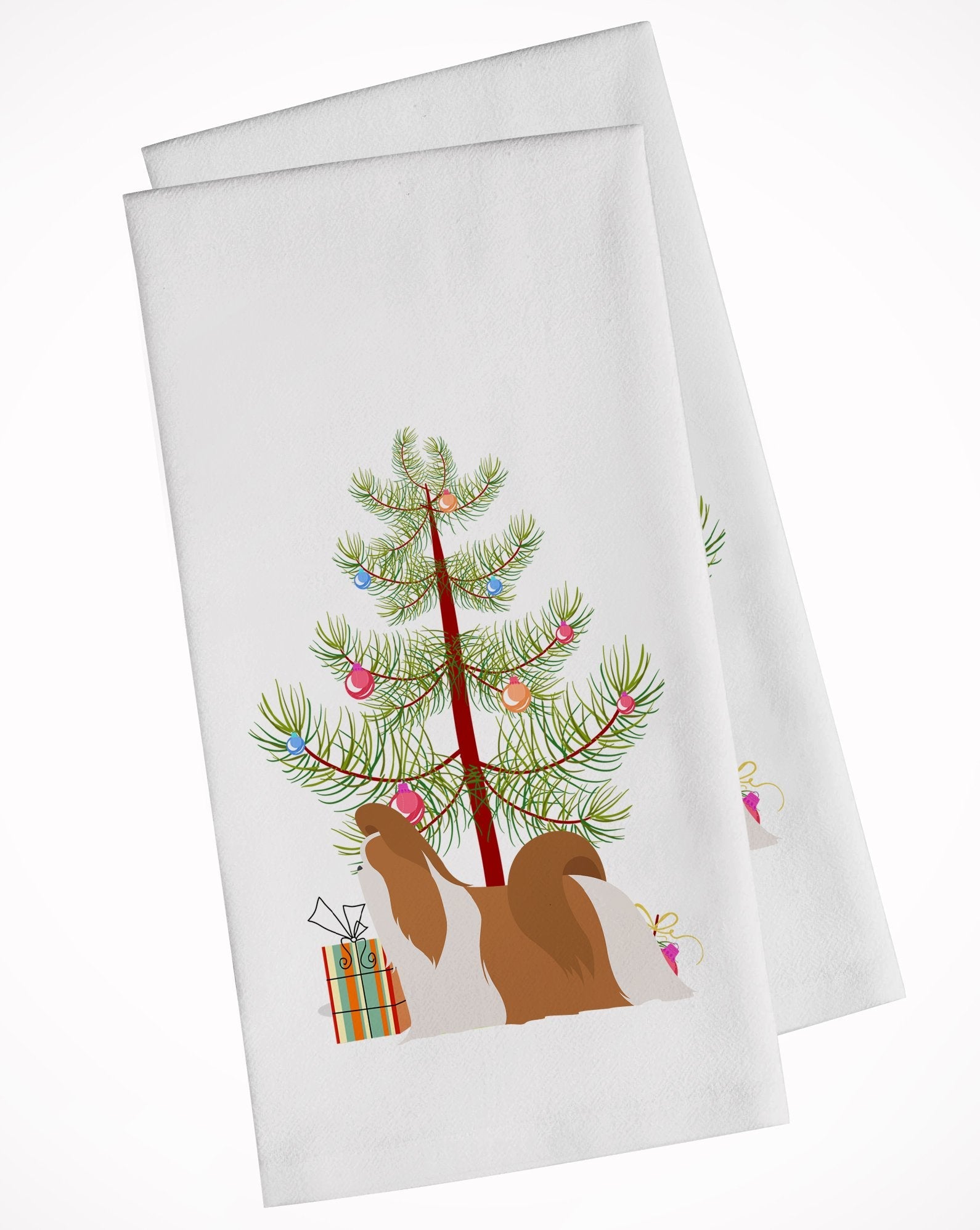 Shih Tzu Merry Christmas Tree Kitchen Towel Set of 2 White Dish Towels Decorative Bathroom Hand towel for Hand, Face, Hair, Yoga, Tea, Dishcloth, 19 X 28", White
