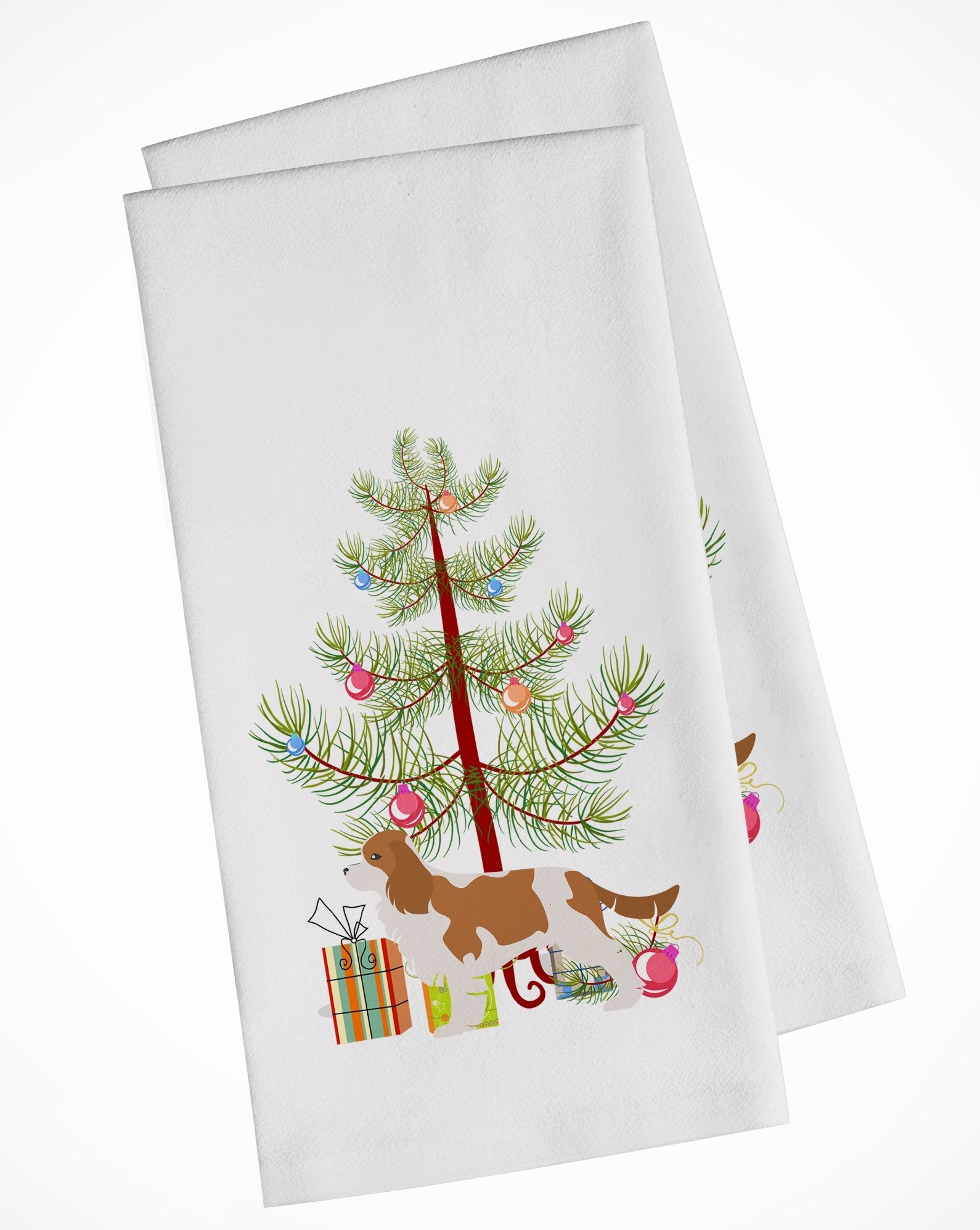Cavalier King Charles Spaniel Merry Christmas Tree Kitchen Towel Set of 2 White Dish Towels Decorative Bathroom Hand towel for Hand, Face, Hair, Yoga, Tea, Dishcloth, 19 X 28", White