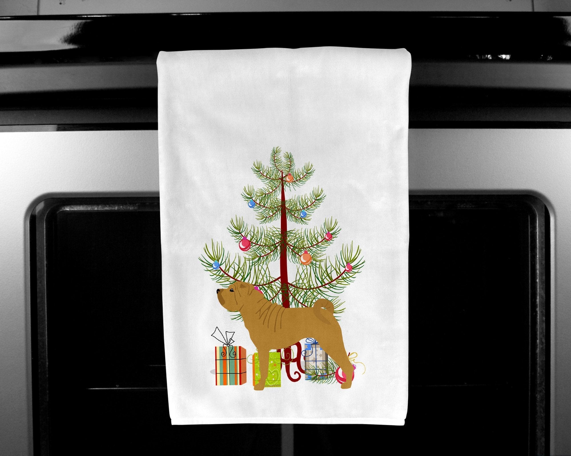 Shar Pei Merry Christmas Tree Kitchen Towel Set of 2 White Dish Towels Decorative Bathroom Hand towel for Hand, Face, Hair, Yoga, Tea, Dishcloth, 19 X 28", White