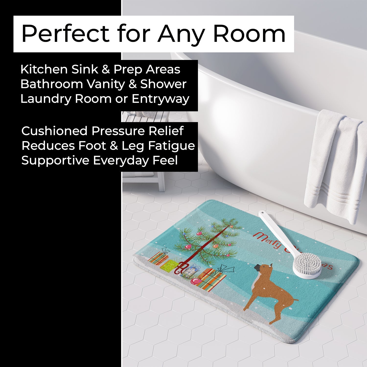 Boxer Merry Christmas Tree Memory Foam Kitchen Mat Machine Washable Anti-Fatigue Cushion Comfort Bath or Kitchen Rug