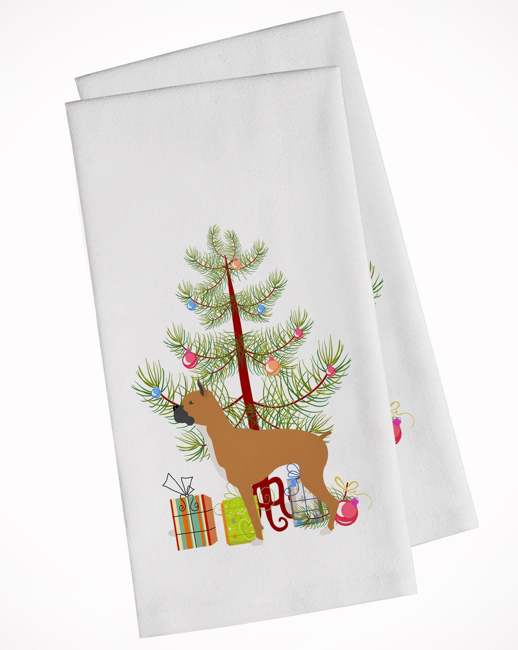 Boxer Merry Christmas Tree Kitchen Towel Set of 2 White Dish Towels Decorative Bathroom Hand towel for Hand, Face, Hair, Yoga, Tea, Dishcloth, 19 X 28", White