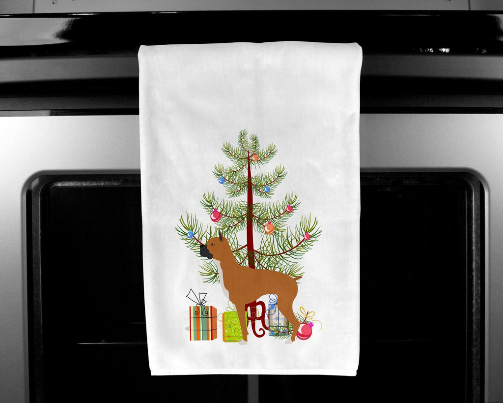 Boxer Merry Christmas Tree Kitchen Towel Set of 2 White Dish Towels Decorative Bathroom Hand towel for Hand, Face, Hair, Yoga, Tea, Dishcloth, 19 X 28", White