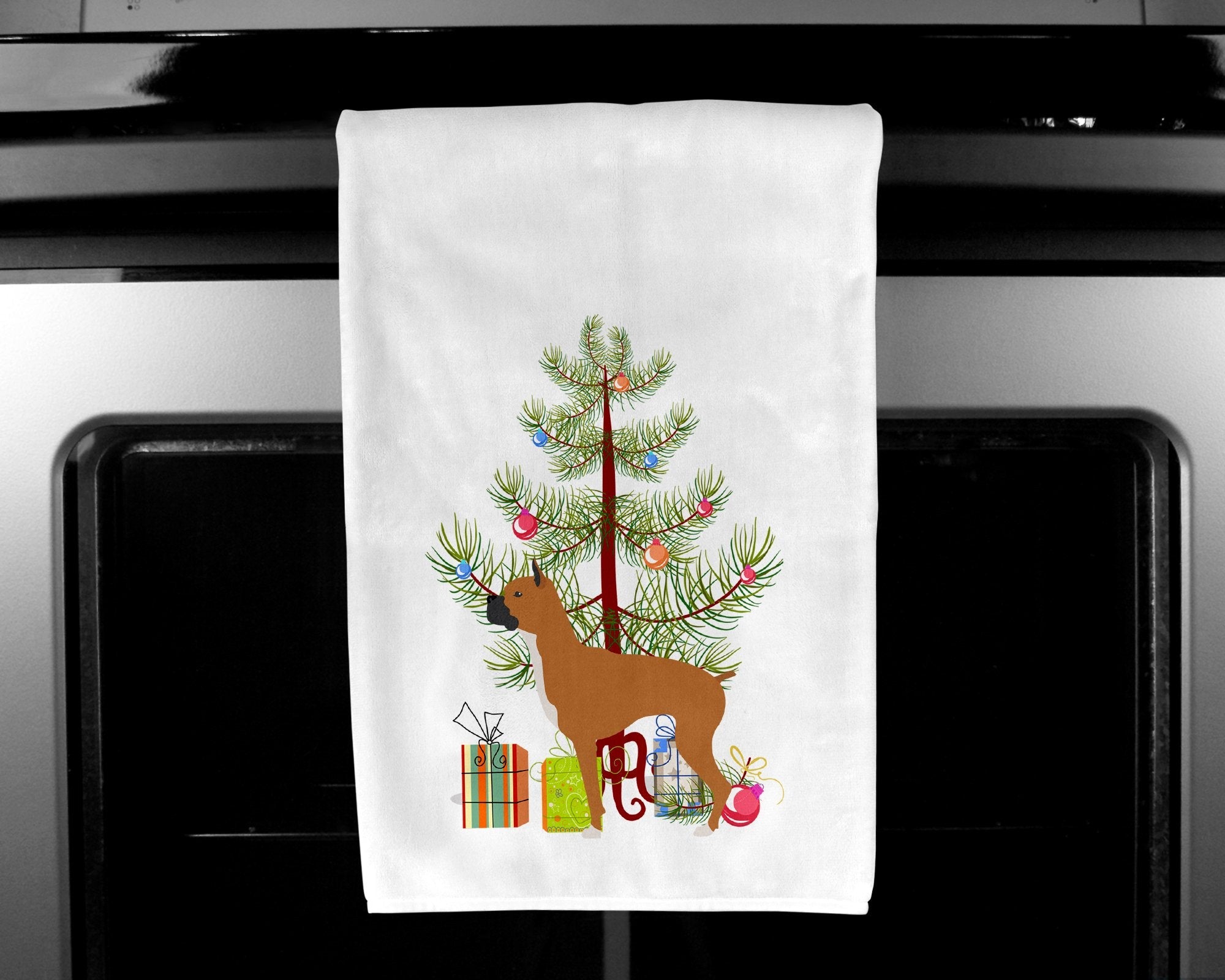 Boxer Merry Christmas Tree Kitchen Towel Set of 2 White Dish Towels Decorative Bathroom Hand towel for Hand, Face, Hair, Yoga, Tea, Dishcloth, 19 X 28", White