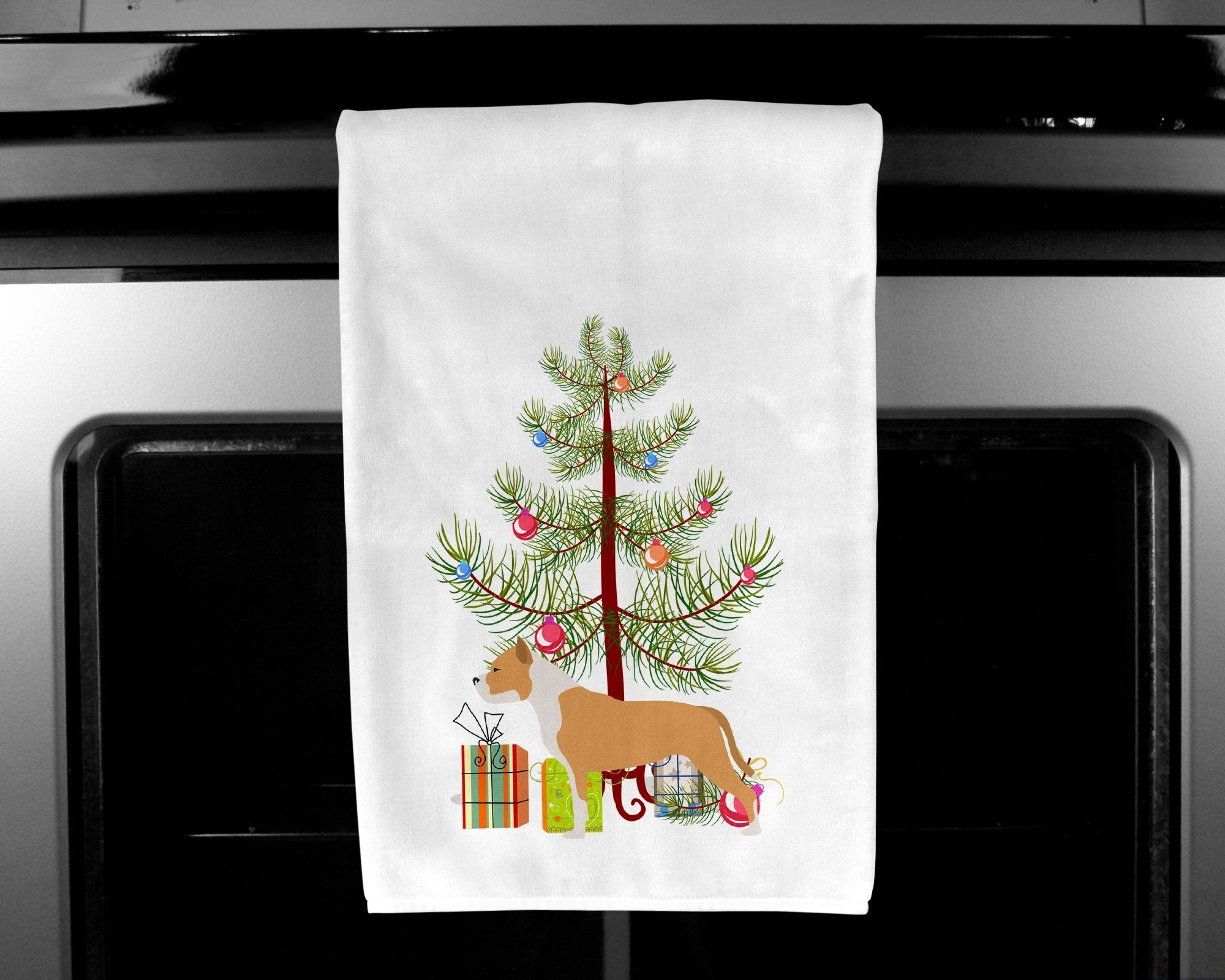 Staffordshire Bull Terrier Merry Christmas Tree Kitchen Towel Set of 2 White Dish Towels Decorative Bathroom Hand towel for Hand, Face, Hair, Yoga, Tea, Dishcloth, 19 X 28", White