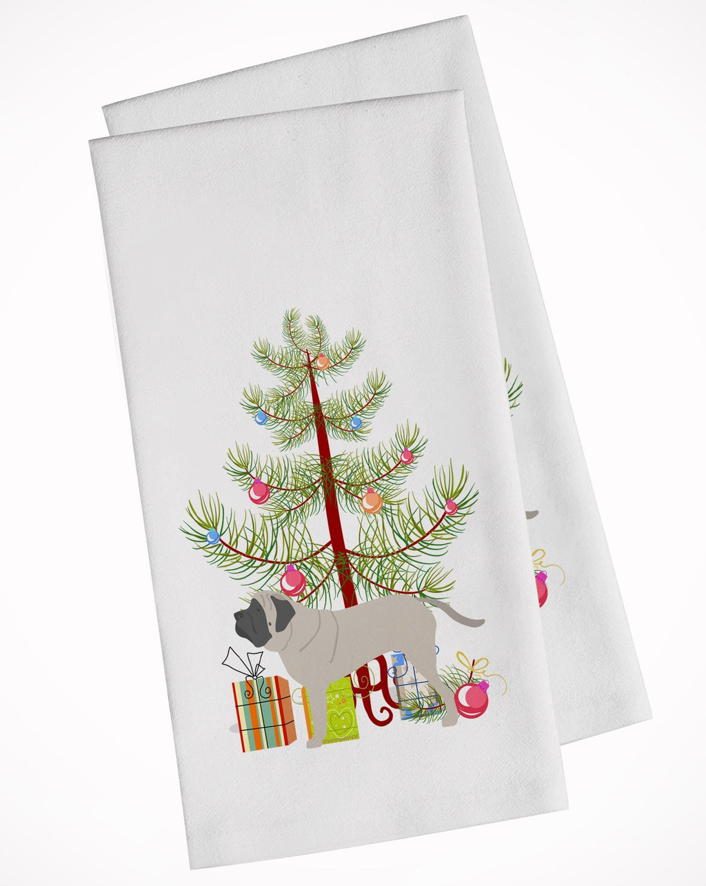 English Mastiff Merry Christmas Tree Kitchen Towel Set of 2 White Dish Towels Decorative Bathroom Hand towel for Hand, Face, Hair, Yoga, Tea, Dishcloth, 19 X 28", White